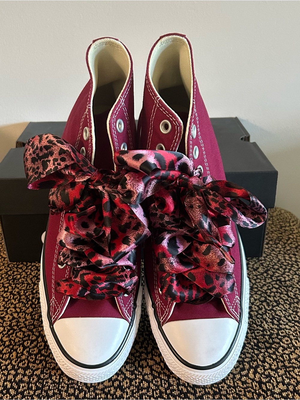 NEW Burgundy Converse AS High-Tops with Bonus Camo-Print Satin Ribbon Laces
